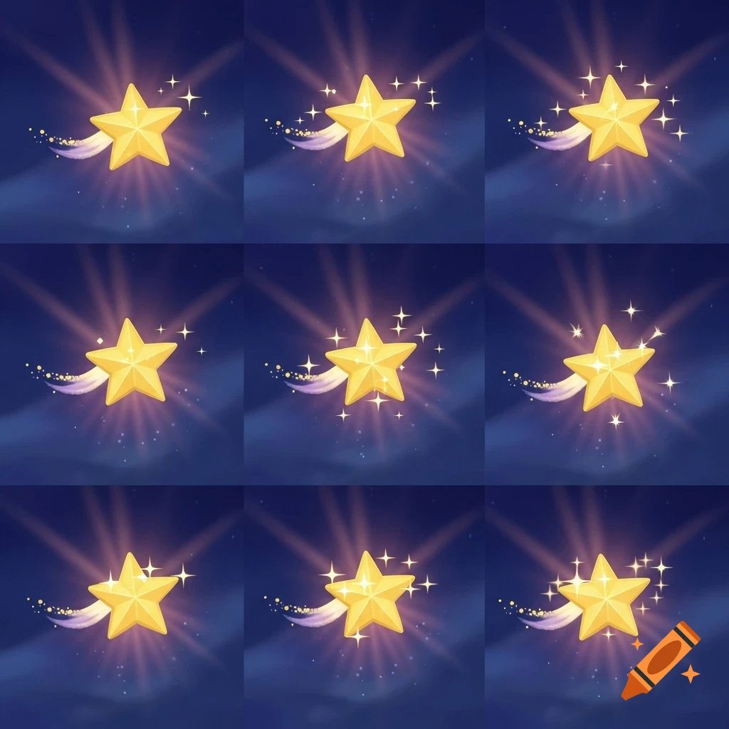 A grid of nine identical stylized golden stars with glowing effects and sparkling trails, set against a dark blue, starry background.