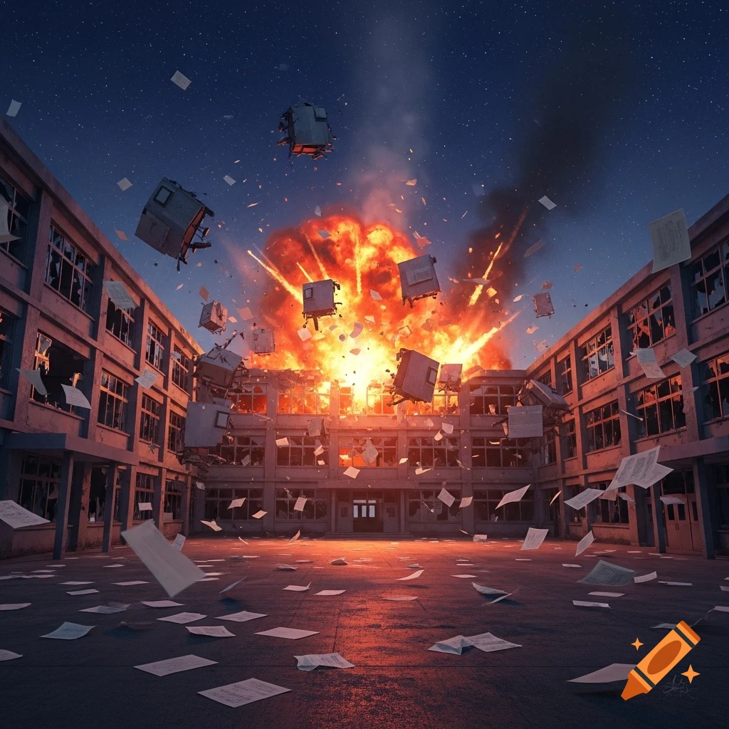 A school building explodes at night in a courtyard, sending papers and debris flying in a dramatic, photorealistic style.