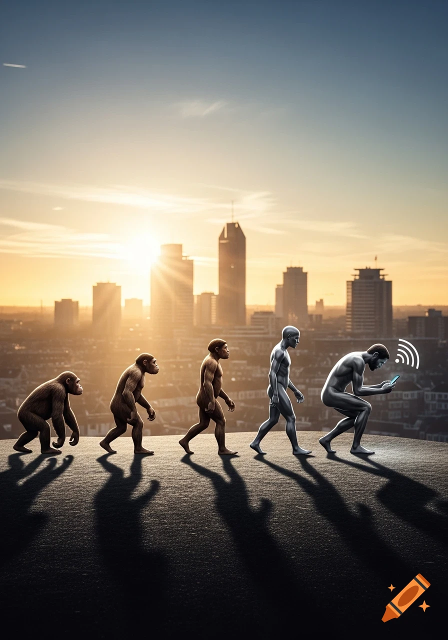 Photorealistic depiction of human evolution from ape to a hunched modern human using a smartphone, set against a city sunset.