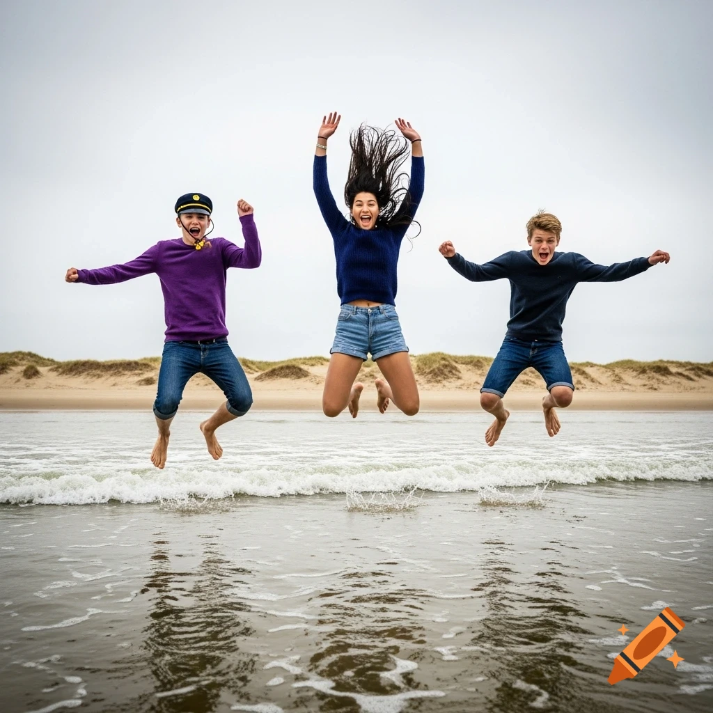 Three enthusiastic teenagers jump high over the ocean waves at a cloudy beach with sand dunes in the background.
