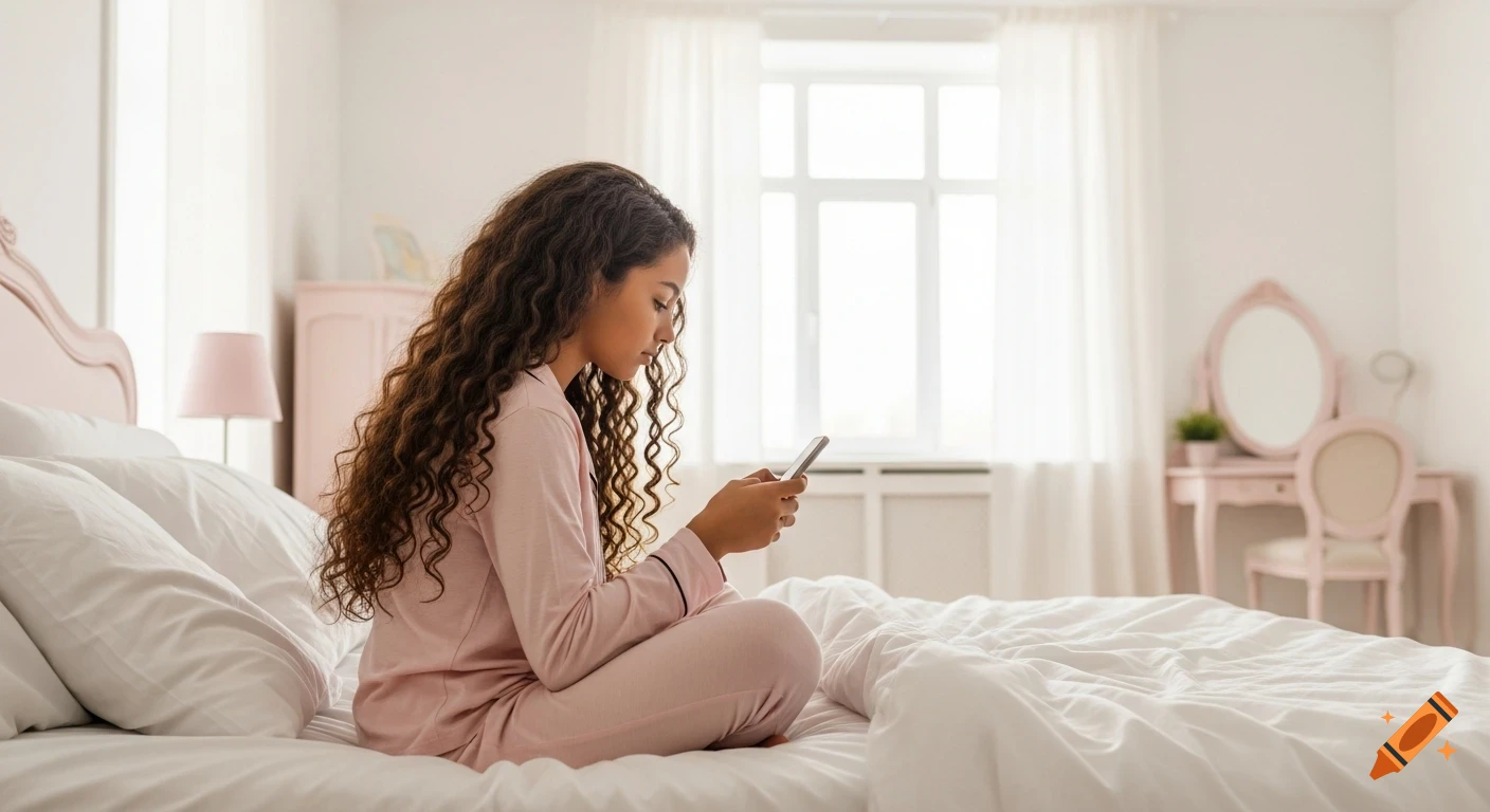 A teenage girl with long curly hair sits cross-legged on a bed in a bright bedroom, looking at her phone.