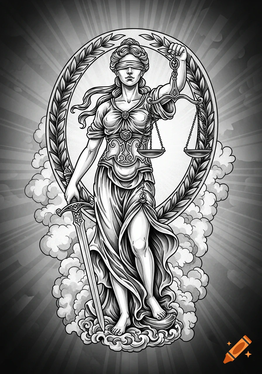 Black and white tattoo-style illustration of blindfolded Lady Justice holding scales and a sword, surrounded by clouds and a wreath.