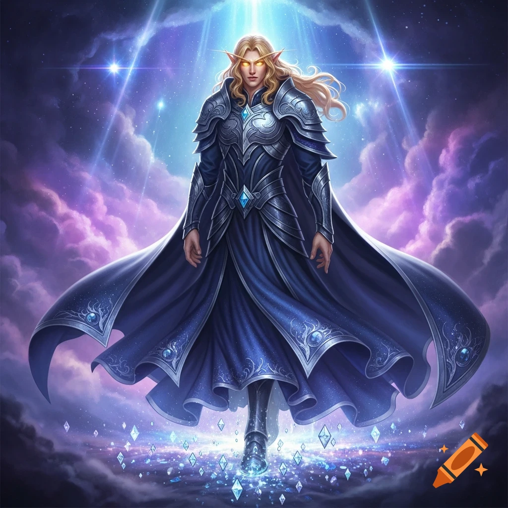 Majestic elf male with golden hair, glowing eyes, elaborate silver armor and blue robes, floating among sparkling crystals and purple clouds under celestial light.