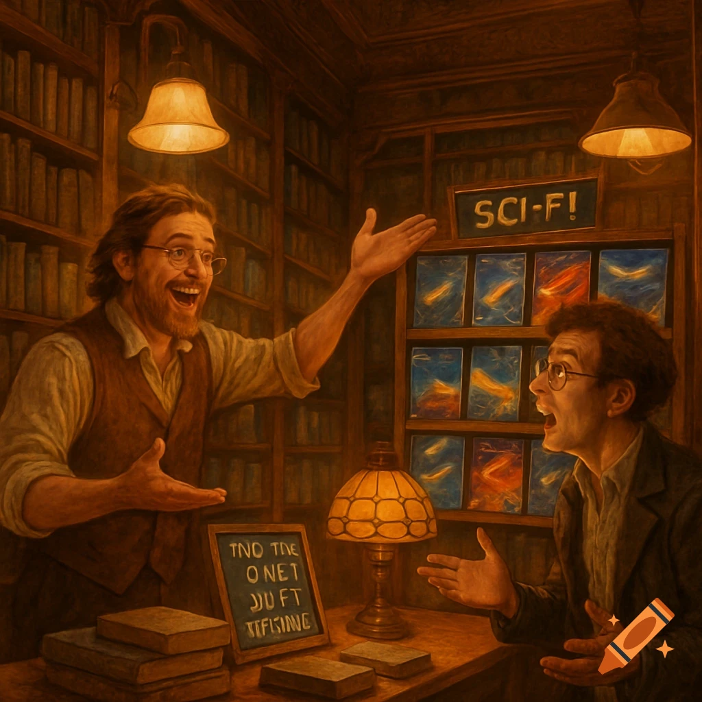 Two excited men in a richly lit, old-fashioned bookstore filled with shelves of books. One man gestures towards a "SCI-FI!" display rack, while the other looks on with an open mouth, a chalkboard with gibberish text on the table between them.