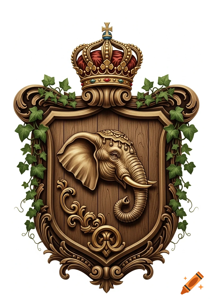An ornate wooden shield features a detailed golden elephant head, wearing a crown and framed by green ivy.