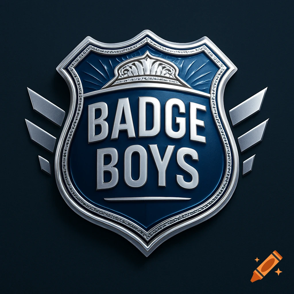 A metallic shield logo in silver and deep blue, featuring the words "BADGE BOYS" embossed in silver, with a decorative crown element at the top.
