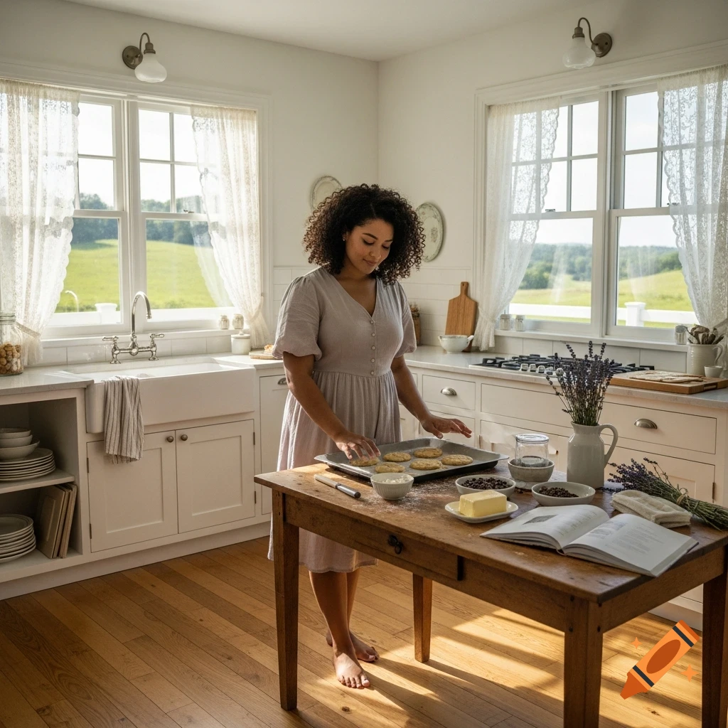 A mixed-race woman bakes cookies in a bright farmhouse kitchen.