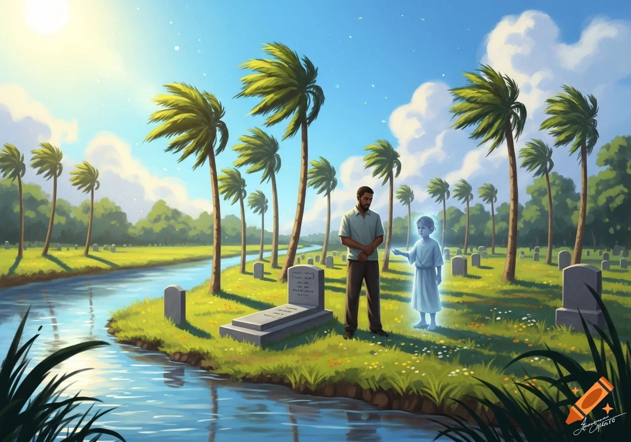 A man stands by a tombstone next to a river in a sunlit cemetery, with a glowing child spirit nearby, in a dreamlike art style.