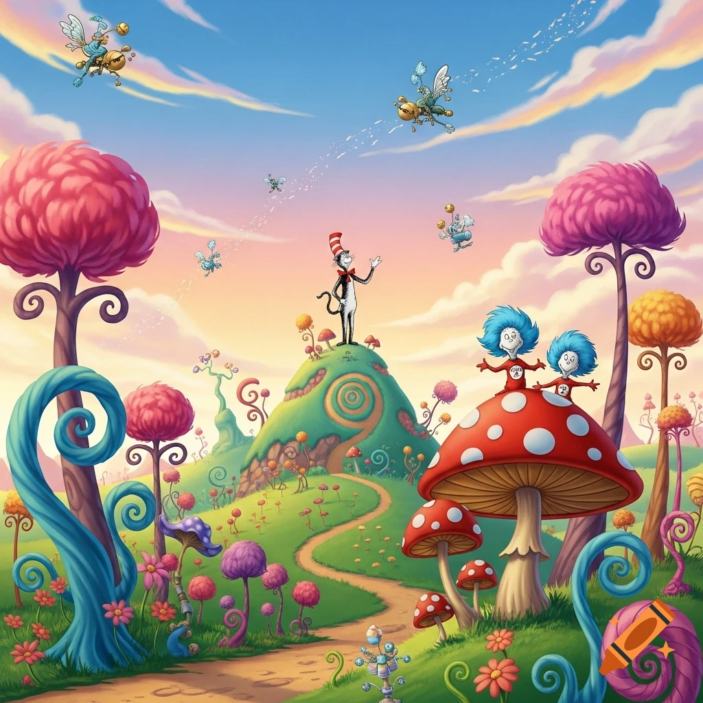 A whimsical Dr. Seuss landscape with Cat in the Hat on a hill, Thing 1 & Thing 2 on a mushroom, and flying creatures under a colorful sky.