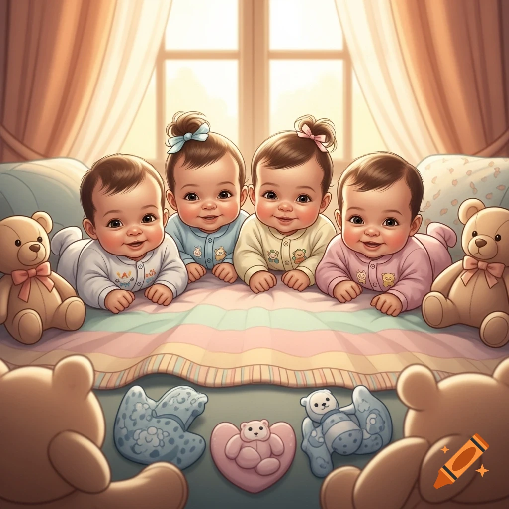 Four cute cartoon babies smile while lying on a colorful blanket, surrounded by teddy bears, with a bright window in the background.
