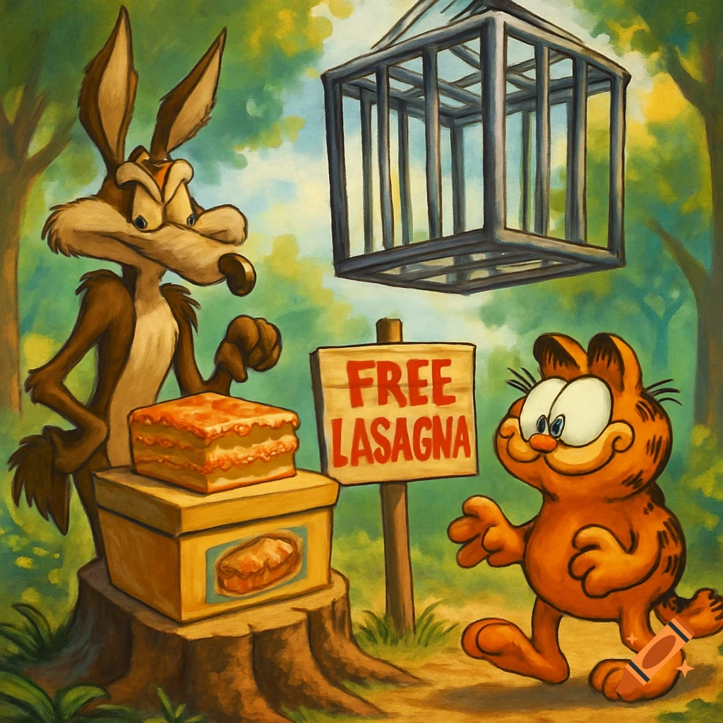 Wile E. Coyote stands beside a tree stump with lasagna and a 'Free Lasagna' sign, luring a joyful Garfield towards a suspended cage in a forest.