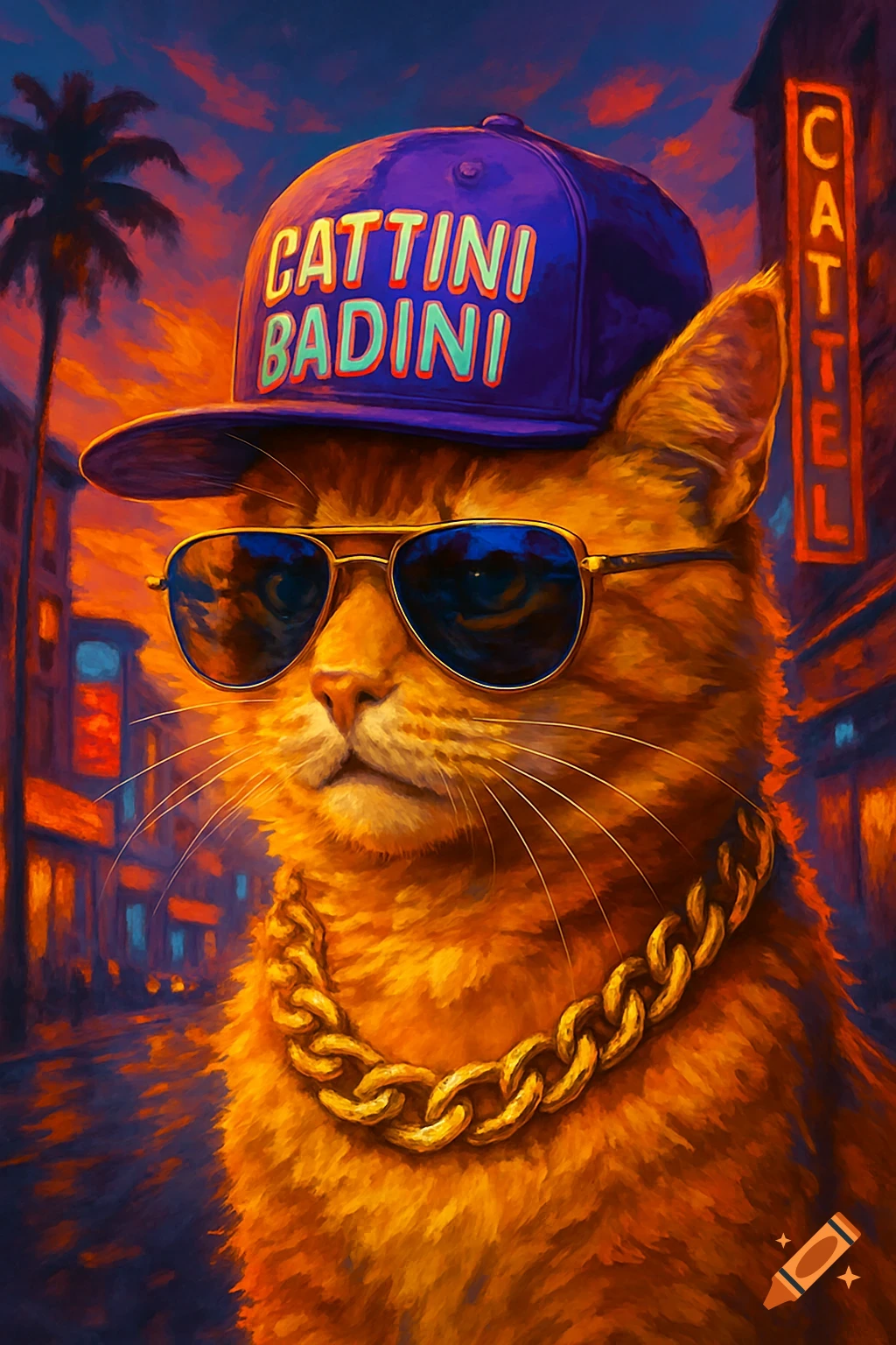 A cool orange cat in sunglasses, a purple cap with "CATTINI BADINI", and a gold chain, against a vibrant, neon-lit city street.