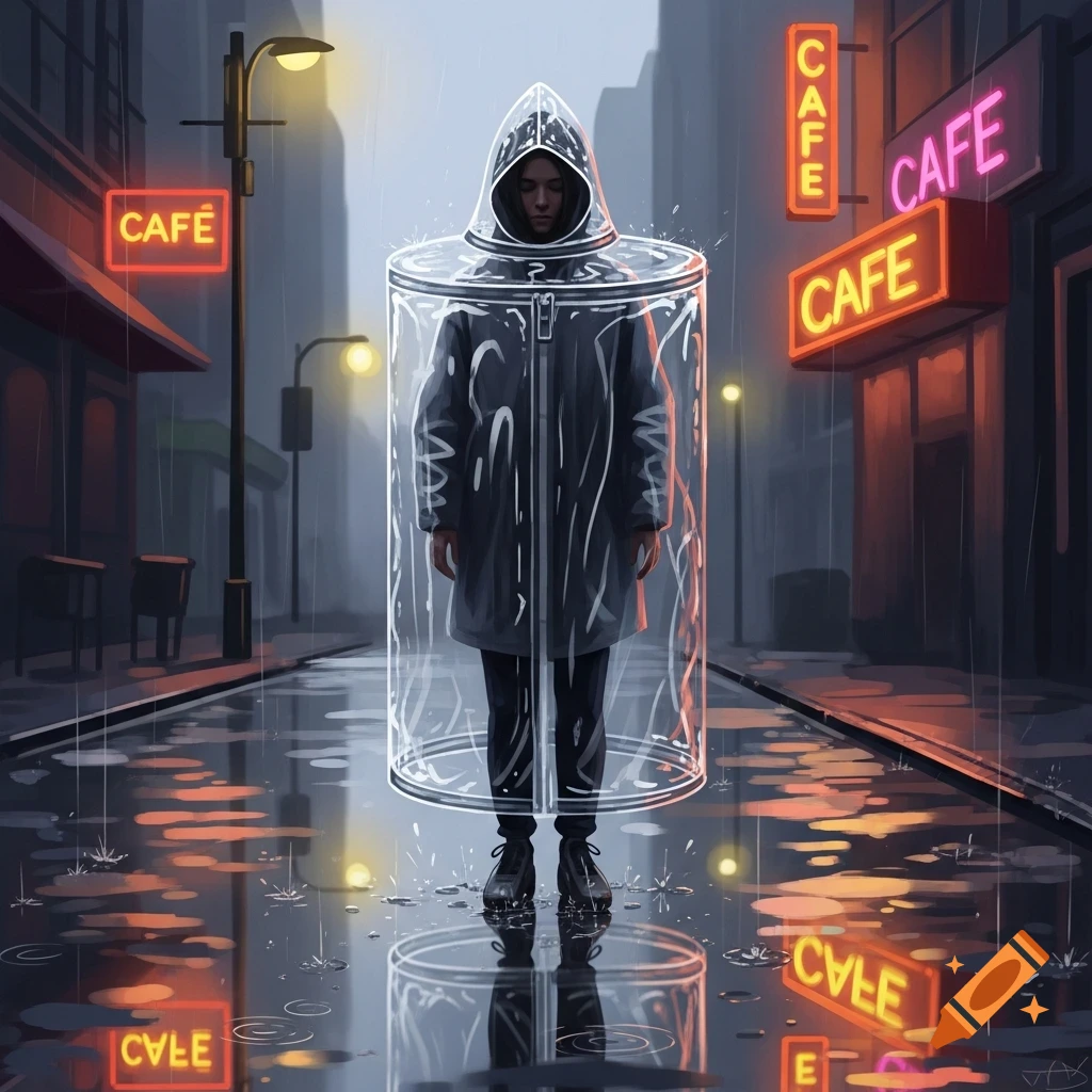A person stands inside a transparent cylinder raincoat on a wet city street at night, illuminated by neon 'CAFE' signs and streetlights.
