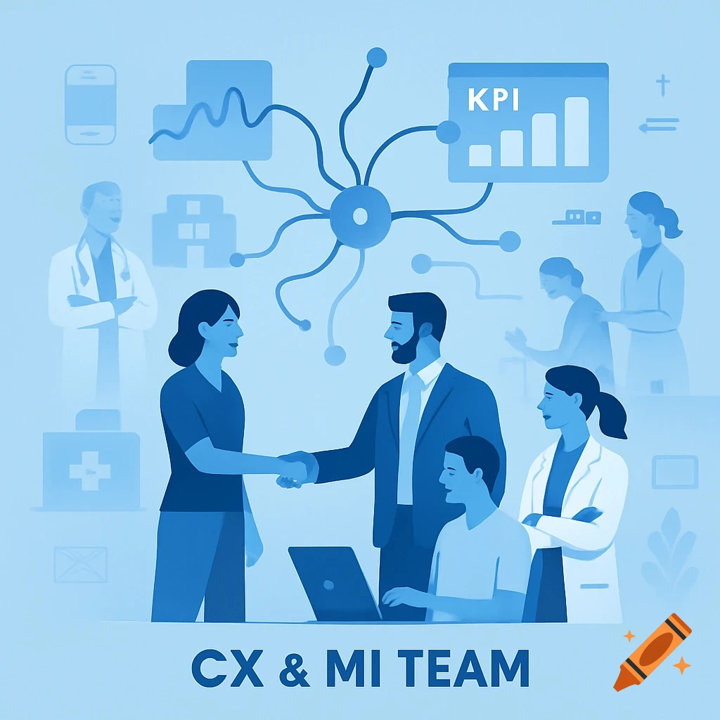 Flat design illustration in blue tones of a diverse CX & MI team, featuring a handshake, laptop use, medical symbols, and KPI charts.