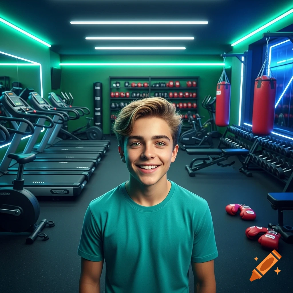 A smiling fair-haired teenager with green eyes stands in the middle of a modern gym with treadmills, punching bags, and boxing gloves in the background.