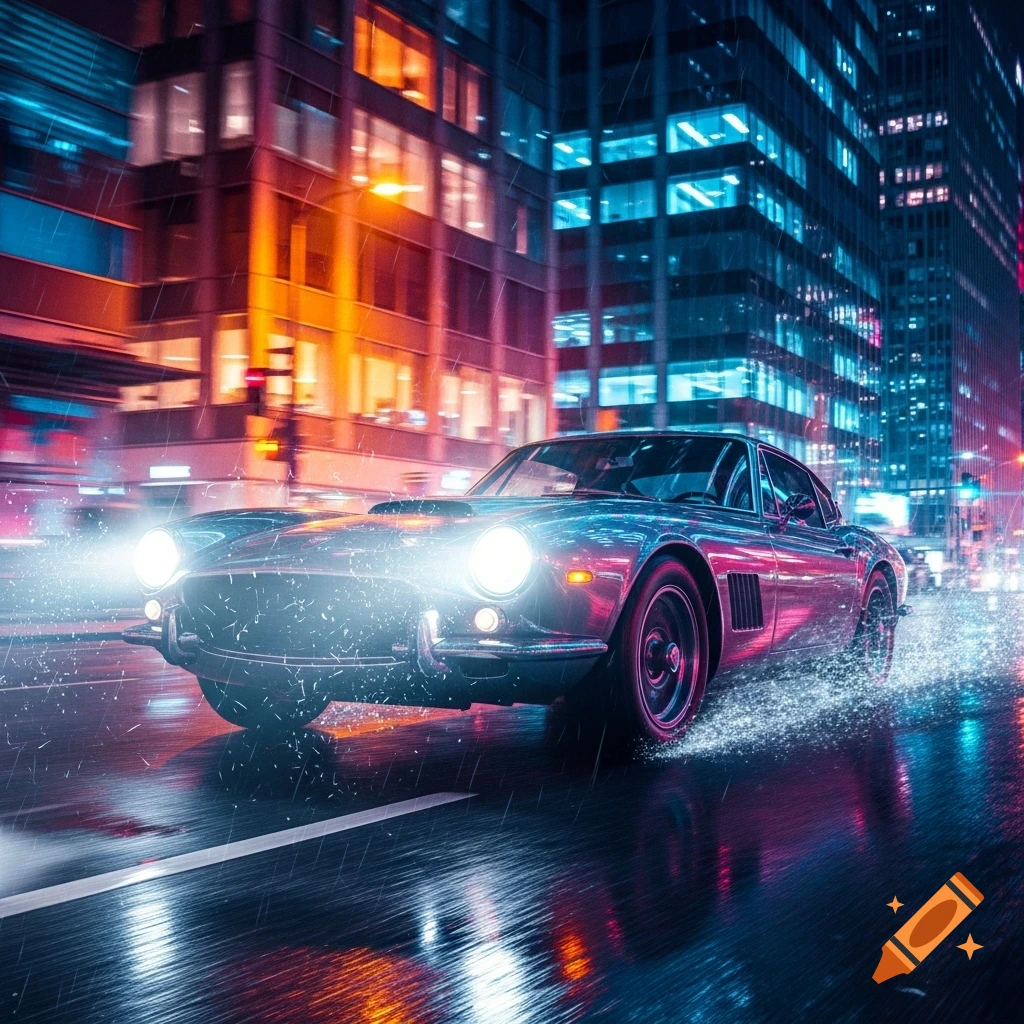 A classic car speeds through a vibrant neon-lit city street at night, splashing water with its wheels.