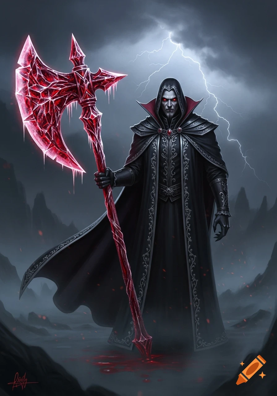 A menacing vampire in a dark cloak with glowing red eyes holds a large, intricate red crystal axe, standing in a stormy landscape with lightning.