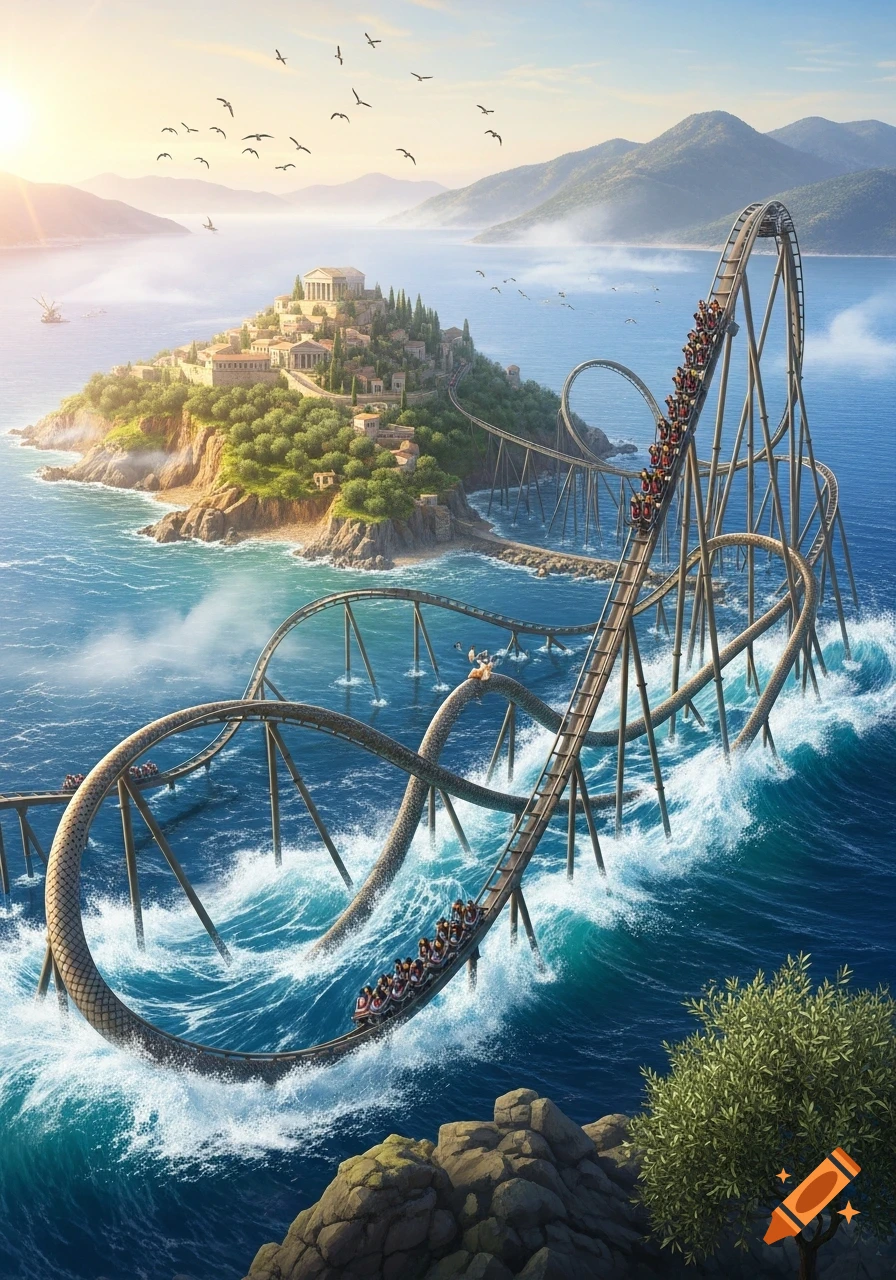 A large rollercoaster track with passenger cars winds dramatically over crashing ocean waves and around a sunny island with classical buildings.