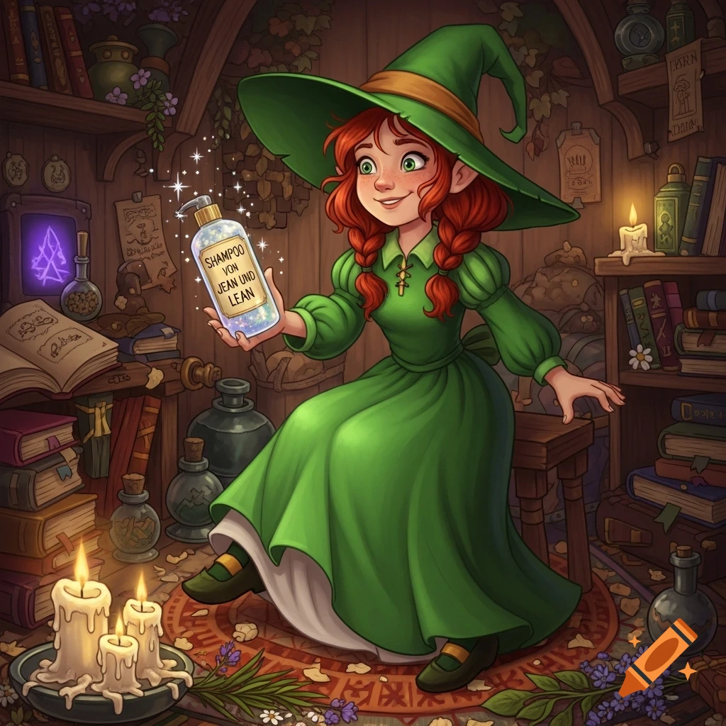 A cartoon witch with red braids and a green hat holds a sparkling shampoo bottle in a cozy, cluttered room filled with books and potions.