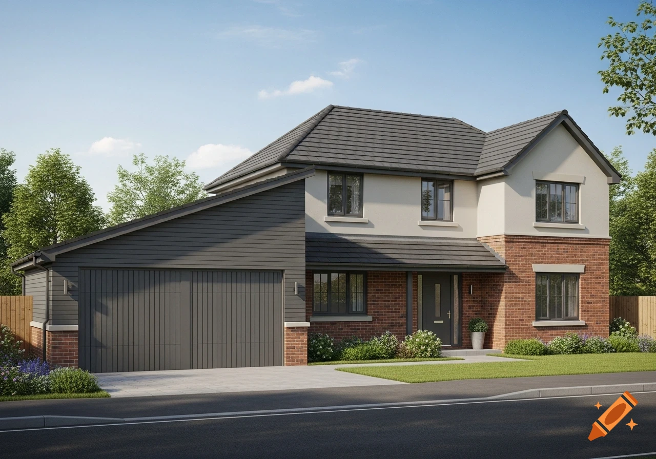 A modern two-story house with a large dark gray garage on the left, brick lower half and cream upper half, under a blue sky.