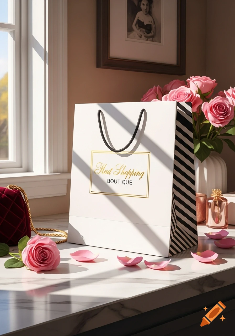 A white shopping bag with 'Heat Shopping BOUTIQUE' in gold, surrounded by pink roses, a red quilted purse, and a perfume bottle on a marble counter in sunlight.