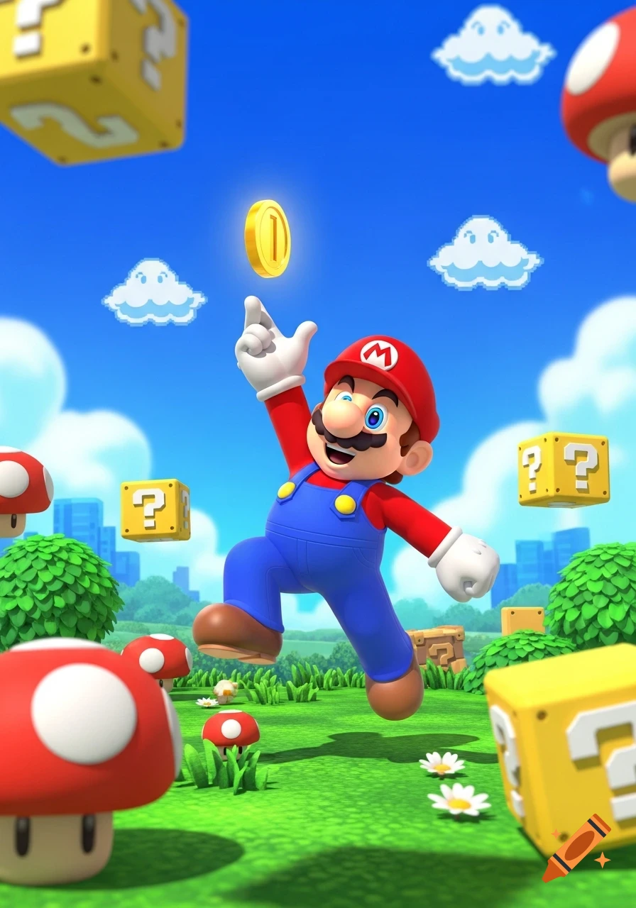 Mario jumps for a gold coin in a vibrant green landscape with blue skies, surrounded by red mushrooms and yellow question blocks.