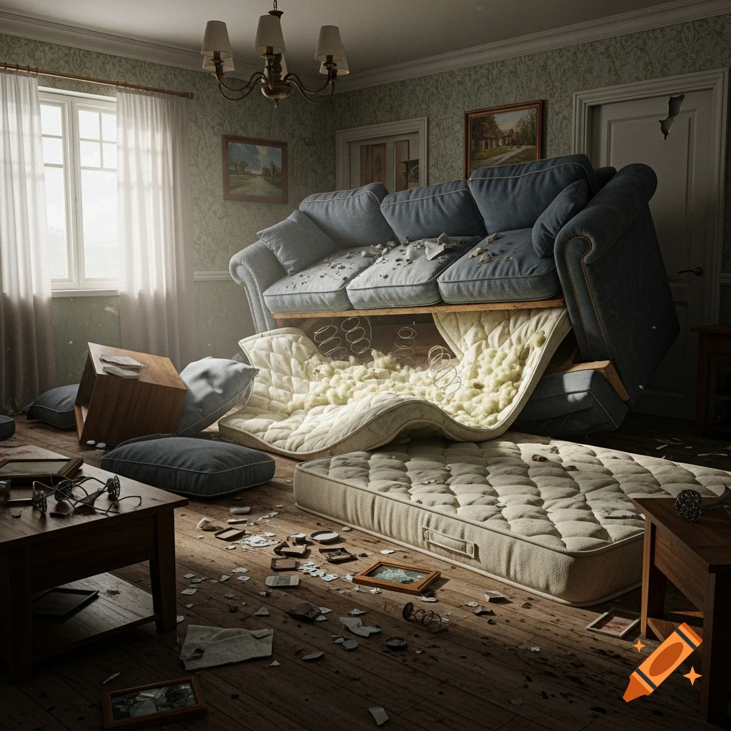 A photorealistic image of a messy, overturned room with a blue sofa and ripped mattress.