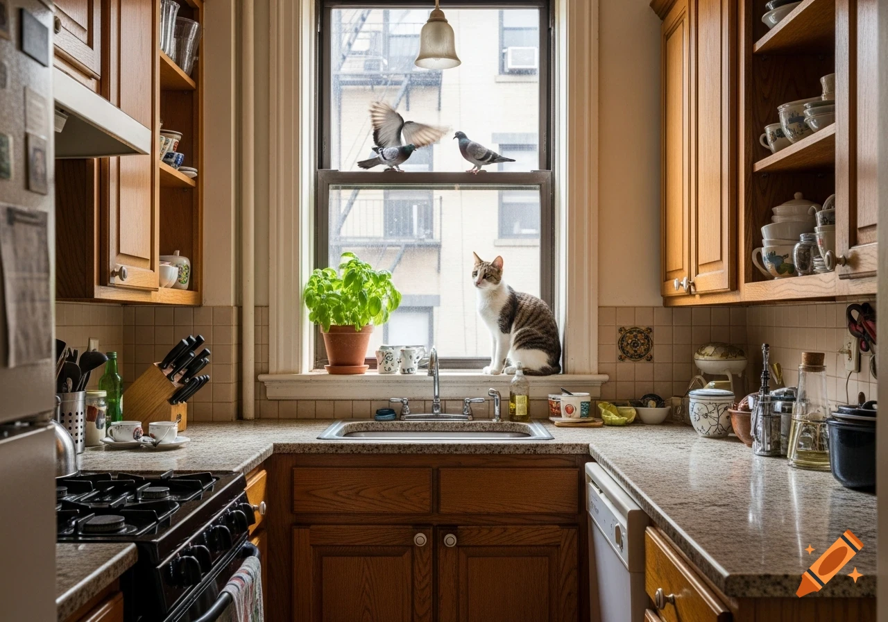 A tabby and white cat sits on a kitchen windowsill, watching two pigeons on a fire escape outside. A basil plant is next to the cat.