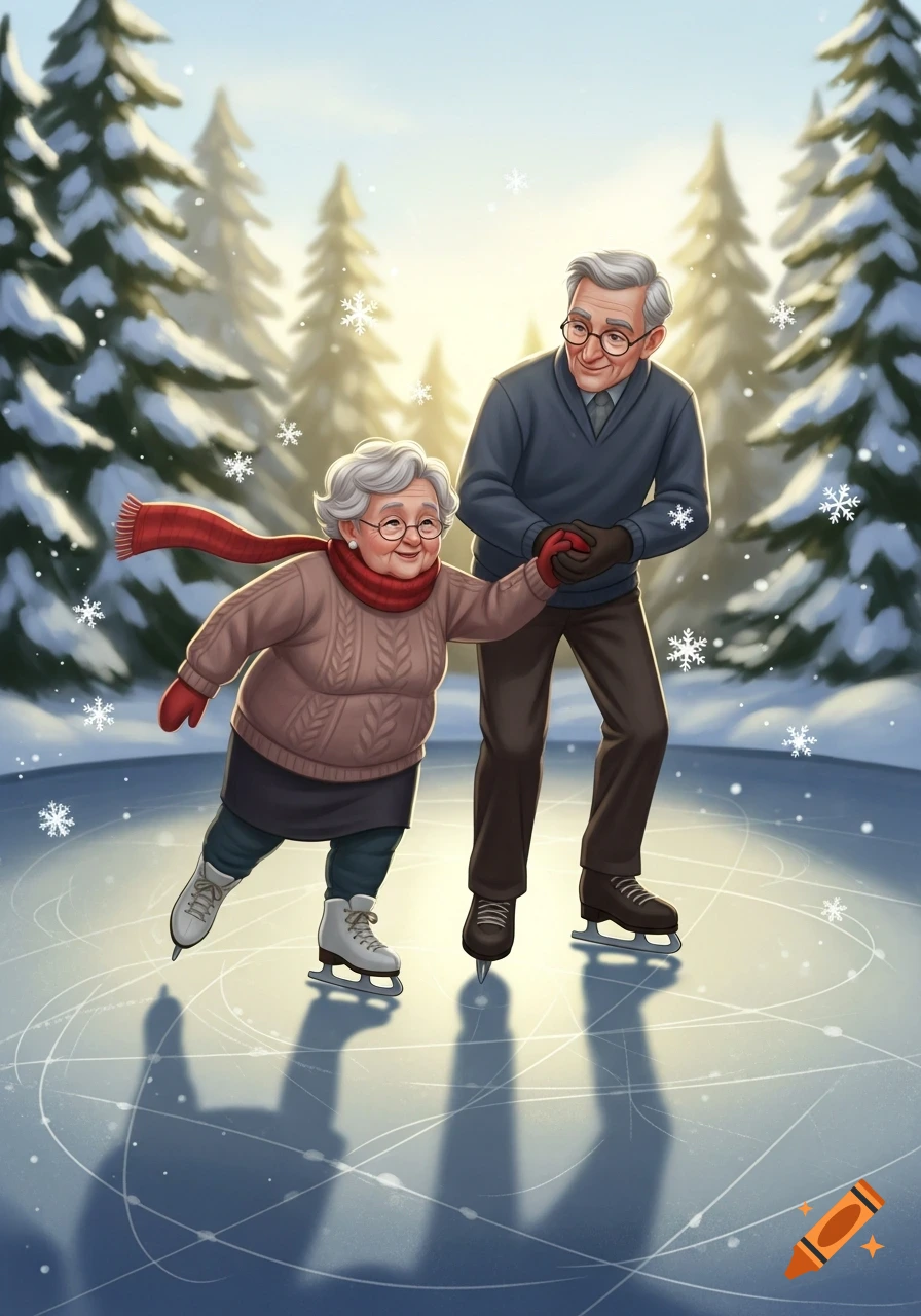 An elderly couple happily ice skating on a frozen pond amidst snowy pine trees, with snowflakes gently falling in an illustration style.