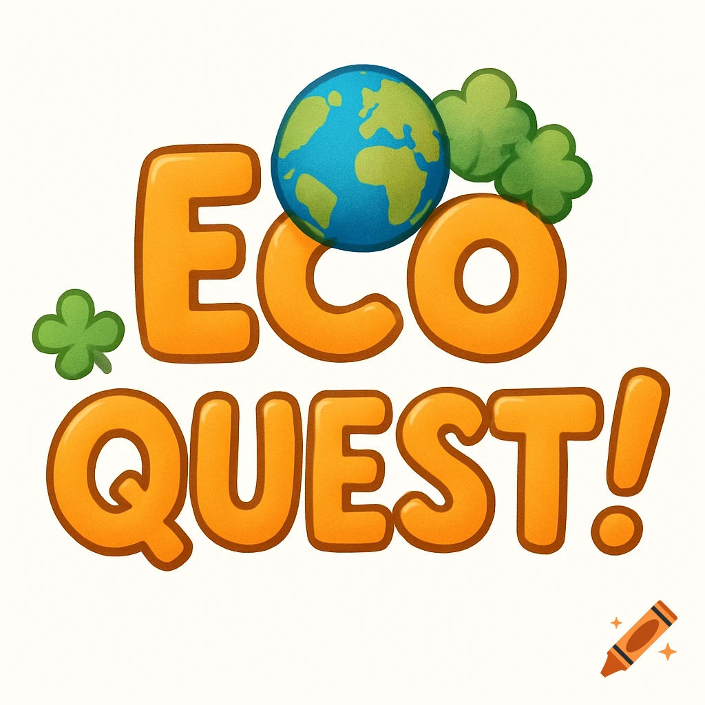 A cartoon logo for 'ECO QUEST!' with orange bubble letters, a globe, and green plants.