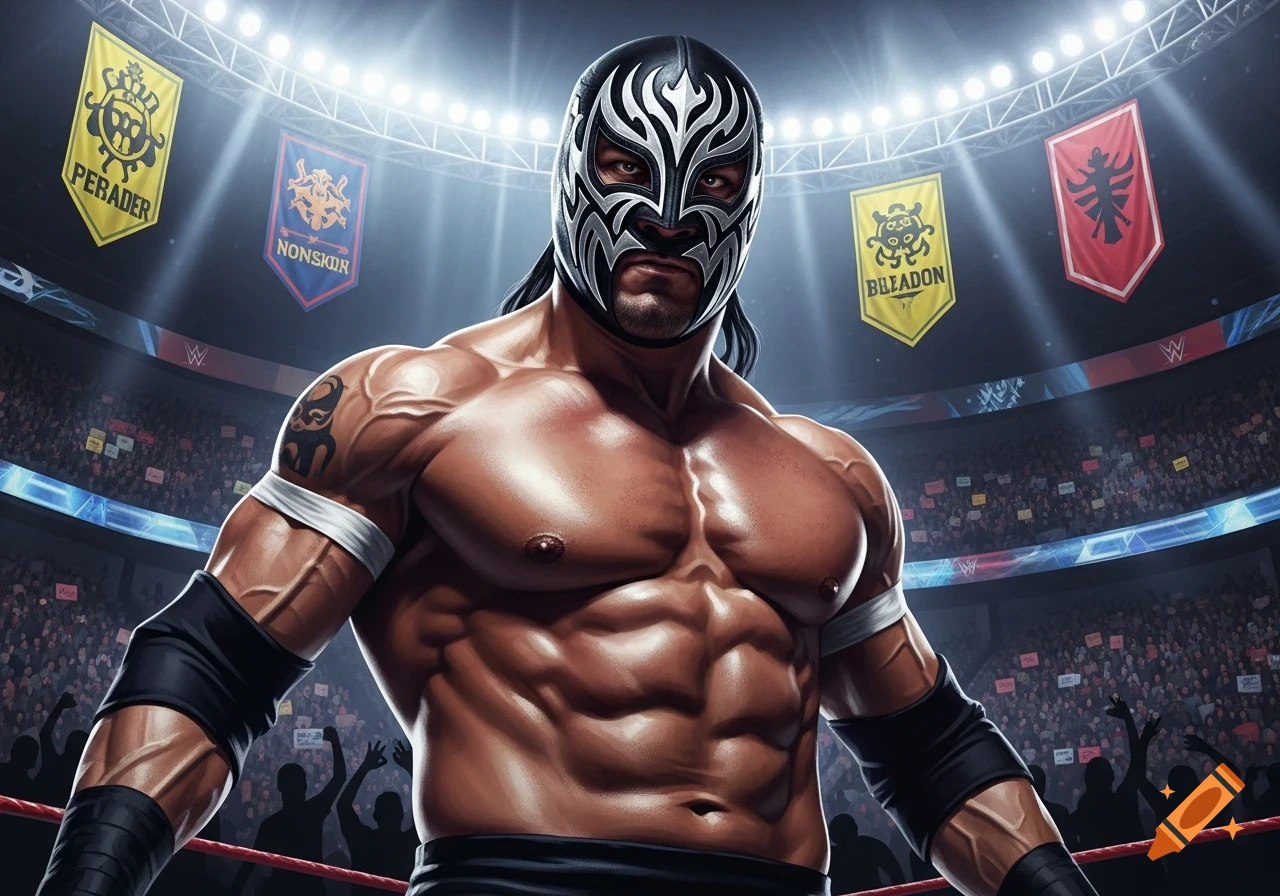 A muscular masked wrestler with long hair stands in a wrestling ring under bright lights, with banners and a cheering crowd in the background.