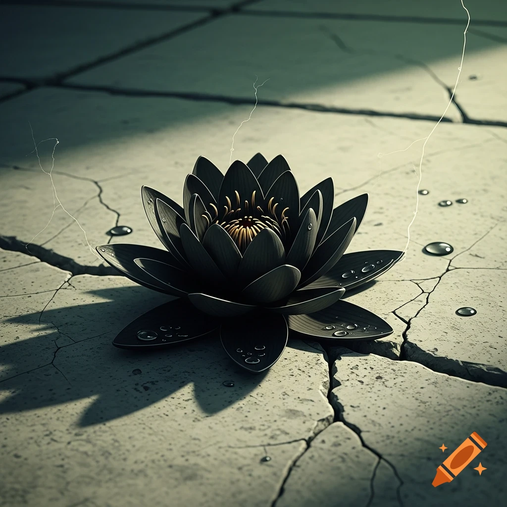 A photorealistic black lotus with water droplets sits on cracked concrete under a beam of light.