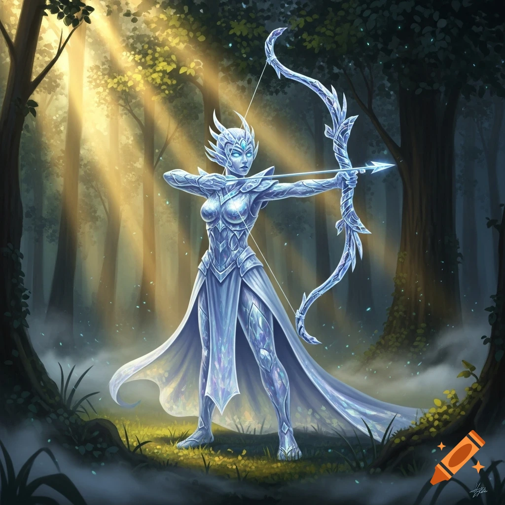 A radiant crystal archer aiming her bow and arrow in a sunlit fantasy forest.
