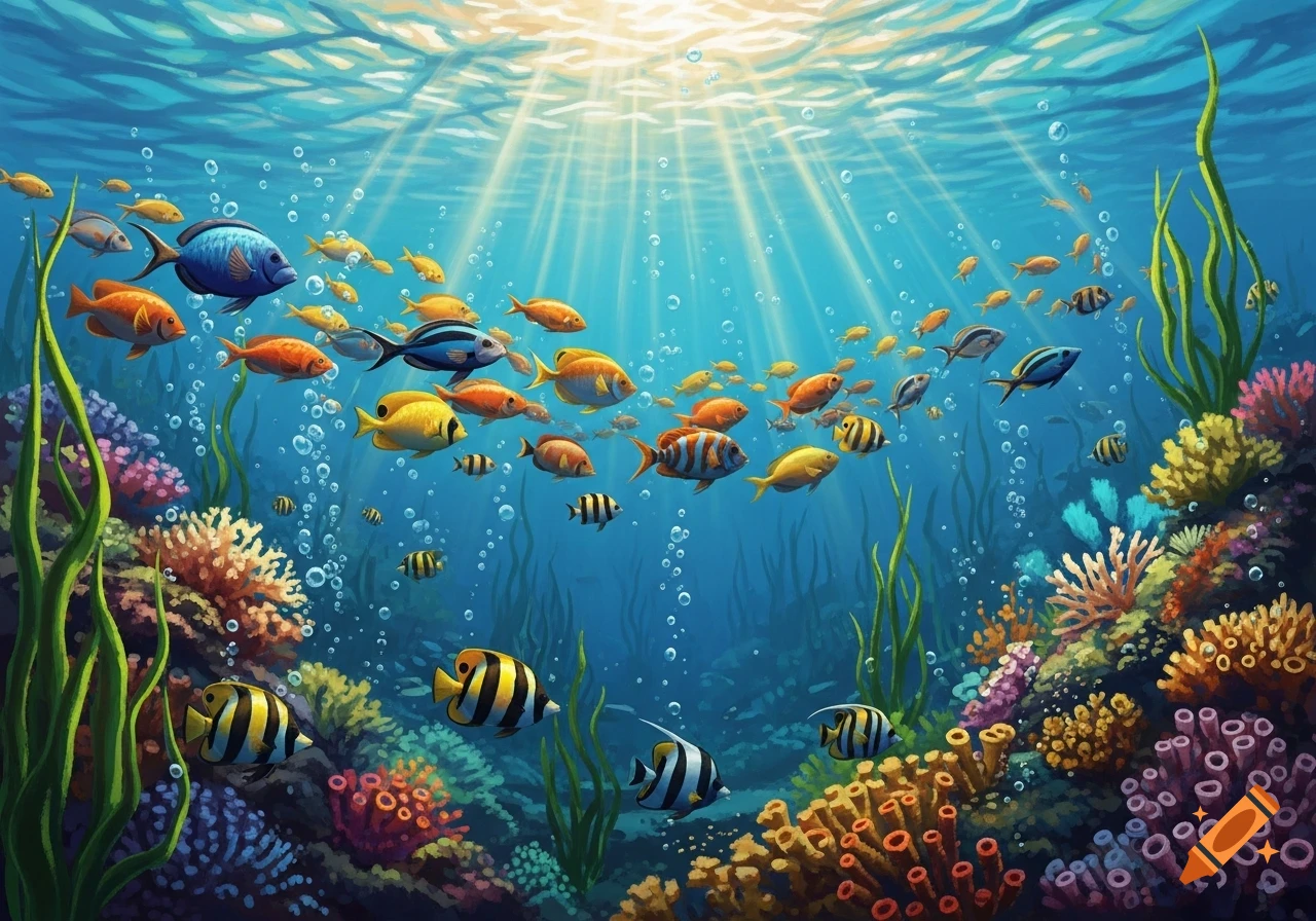 Vibrant illustration of a coral reef with schools of colorful fish swimming under sunlit water.