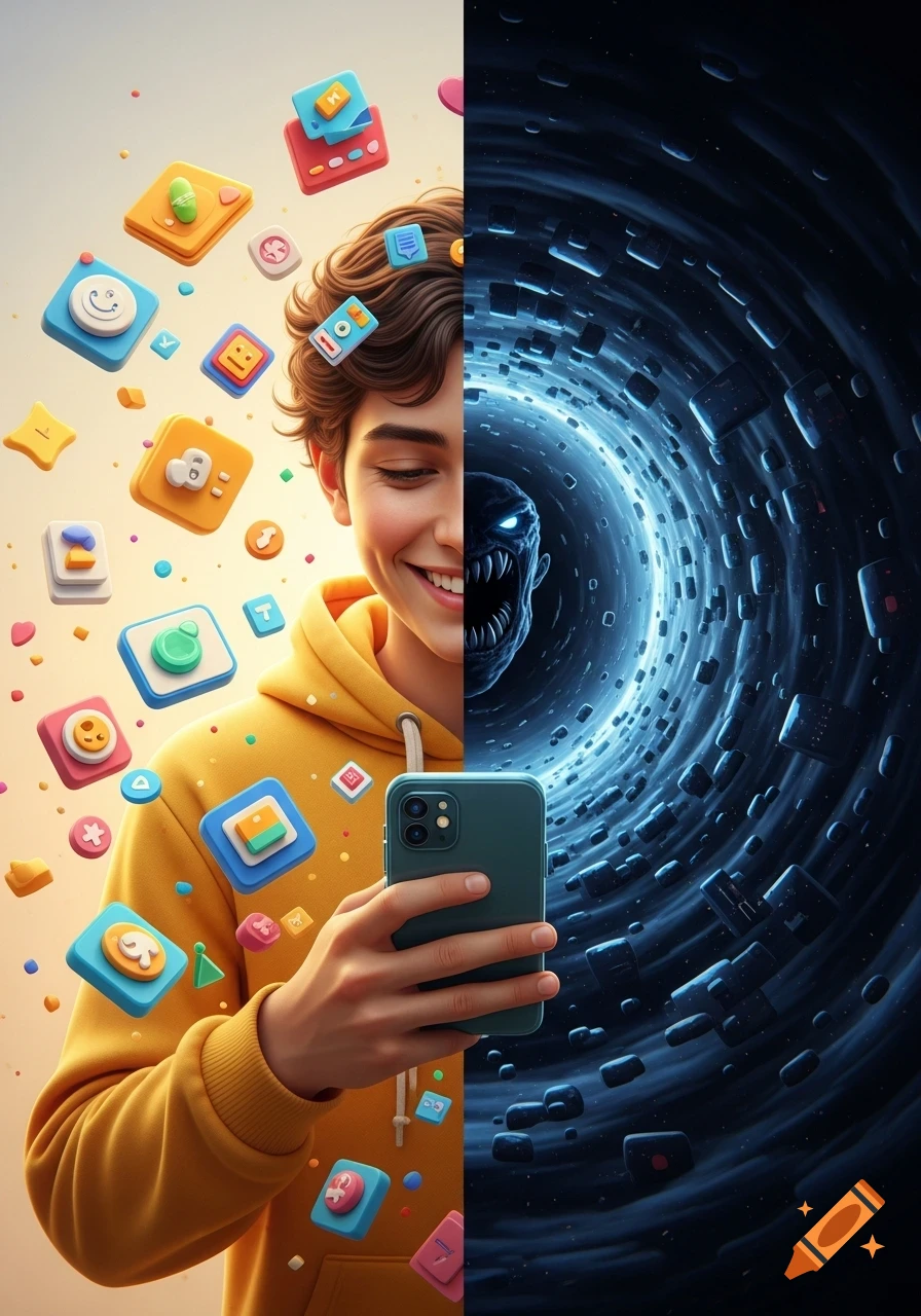 A smiling person with a phone, split into a bright side with app icons and a dark vortex with a monster.