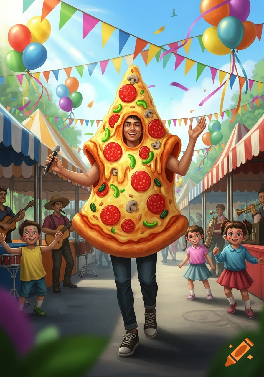 A man in a pizza costume holds a microphone and waves at a lively outdoor festival with balloons, banners, and happy children.