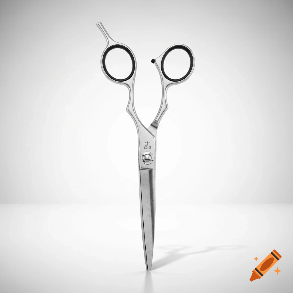 A pair of shiny silver hair cutting scissors with black finger rings stands upright on a pure white seamless background with a soft shadow.