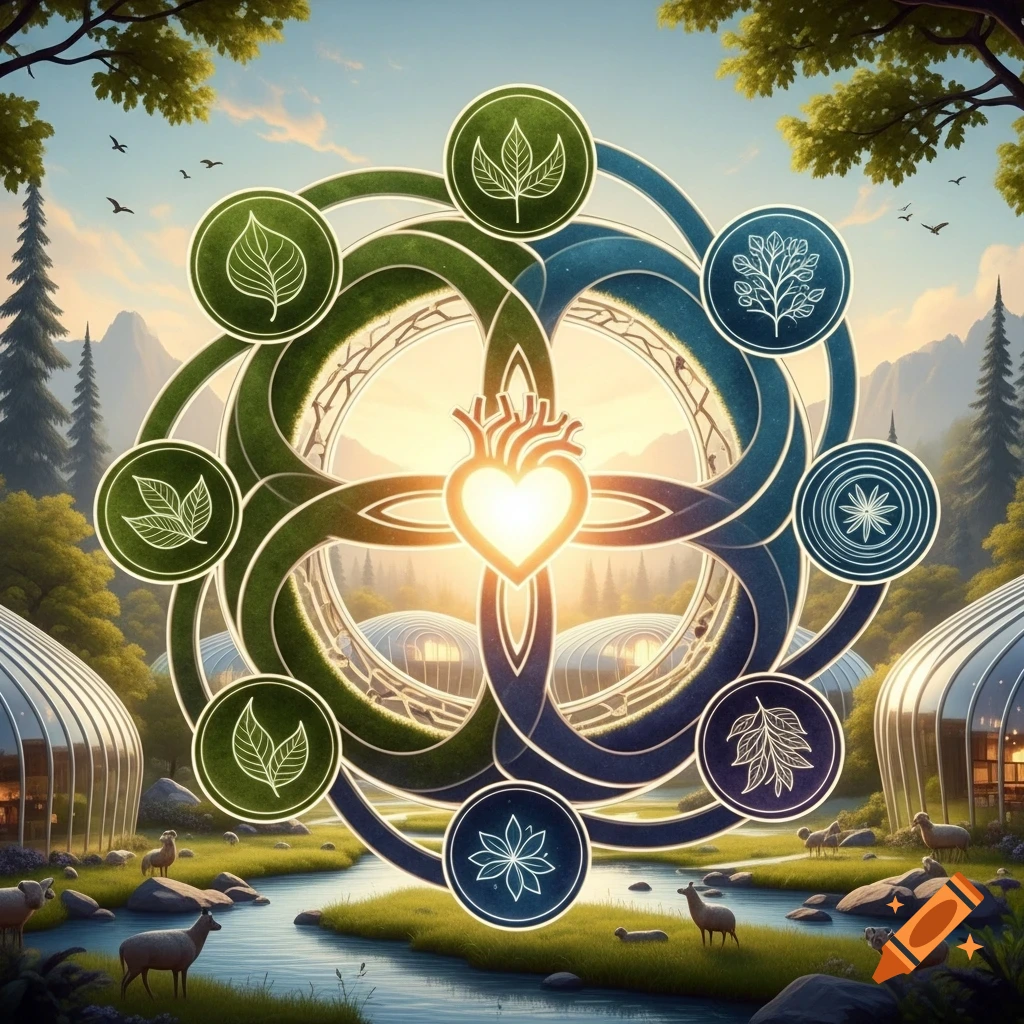 A glowing heart within a green and blue botanical mandala in a lush landscape with a river, forests, modern domes, and deer.