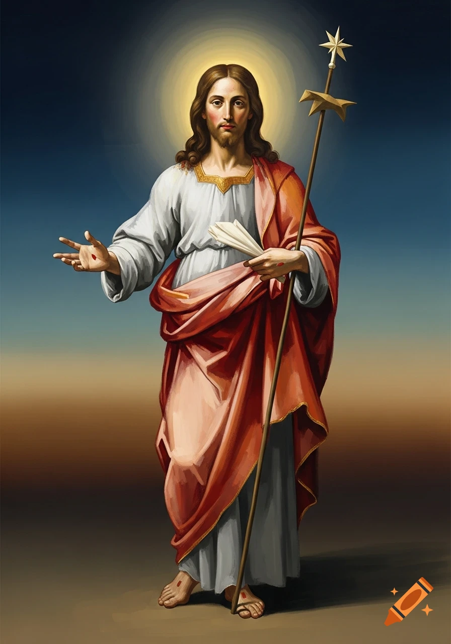 Jesus Christ depicted as Salvador Mundi, standing with one hand raised, holding a staff and scrolls, in a painterly style.