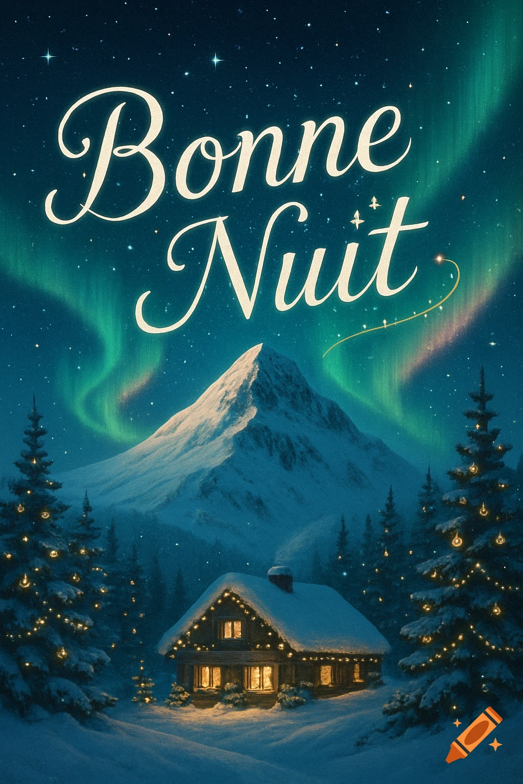 A cozy, snow-covered cabin with glowing windows nestled among Christmas trees under a mountain and the Northern Lights with "Bonne Nuit" text.