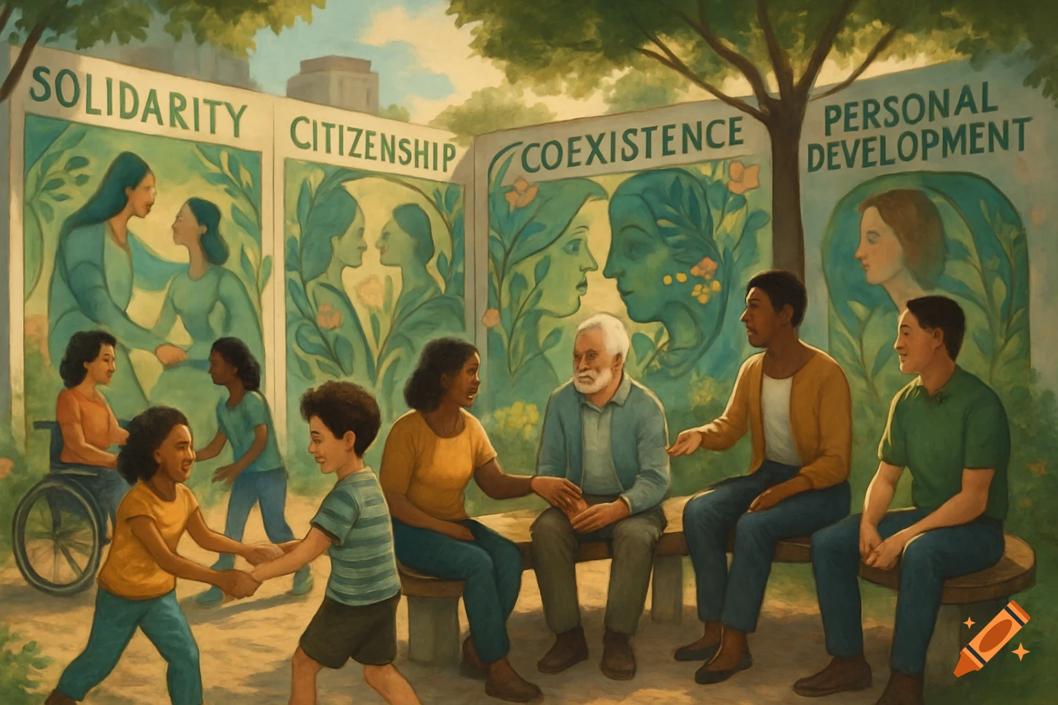 Painting of a diverse group of people, including children and an individual in a wheelchair, in front of walls inscribed with words like SOLIDARITY and CITIZENSHIP.