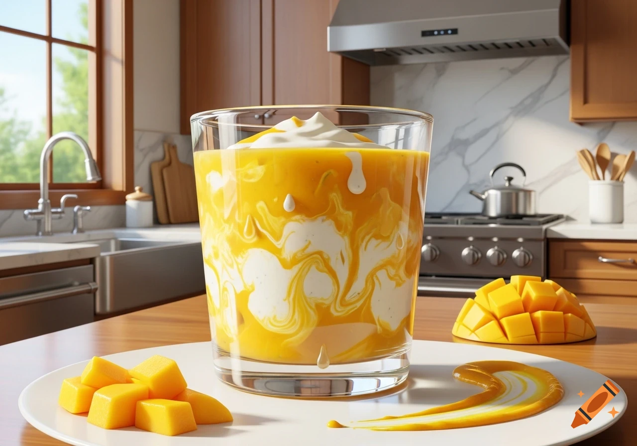 Photorealistic mango smoothie with whipped cream and mango chunks on a kitchen counter, with a kitchen in the background.