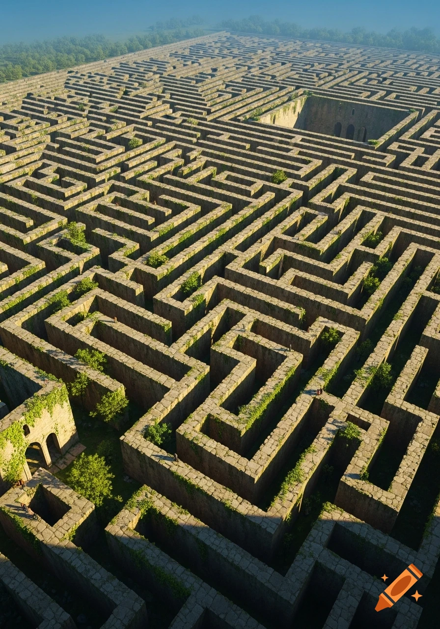 An aerial view of a vast, intricate stone maze with green foliage growing on its walls under a clear sky.