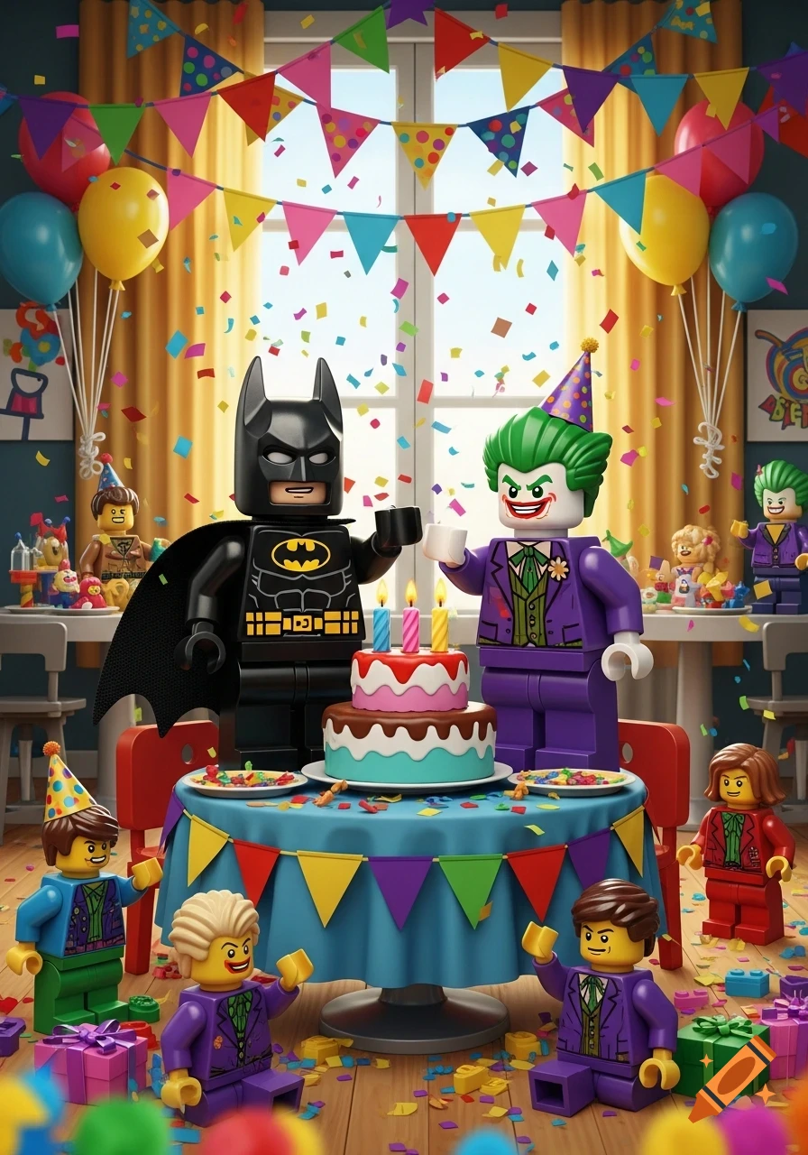 Lego Batman and Joker celebrate at a vibrant birthday party with cake, balloons, confetti, and other Lego characters.
