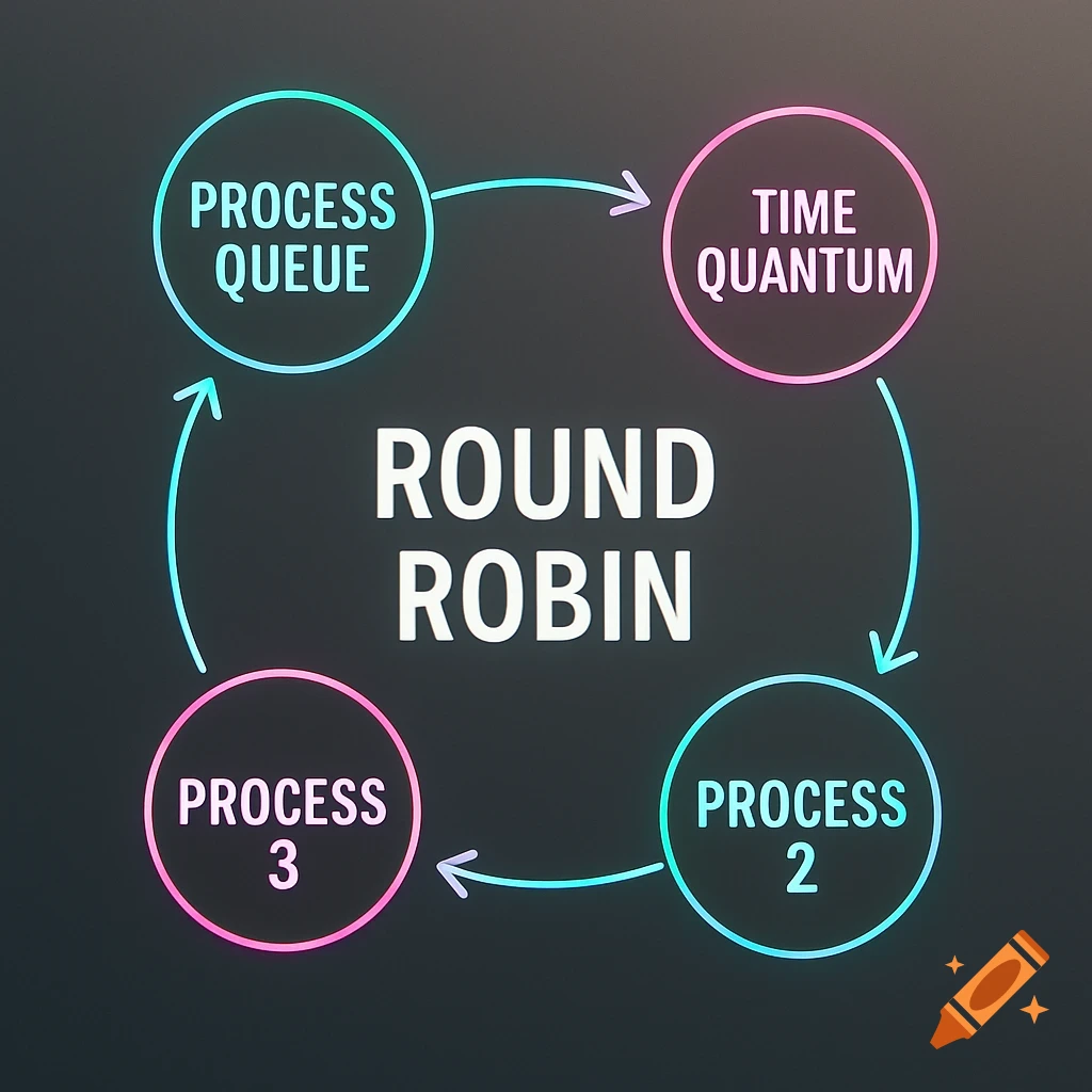 A diagram titled 'ROUND ROBIN' showing four interconnected circles for Process Queue, Time Quantum, Process 2, and Process 3.