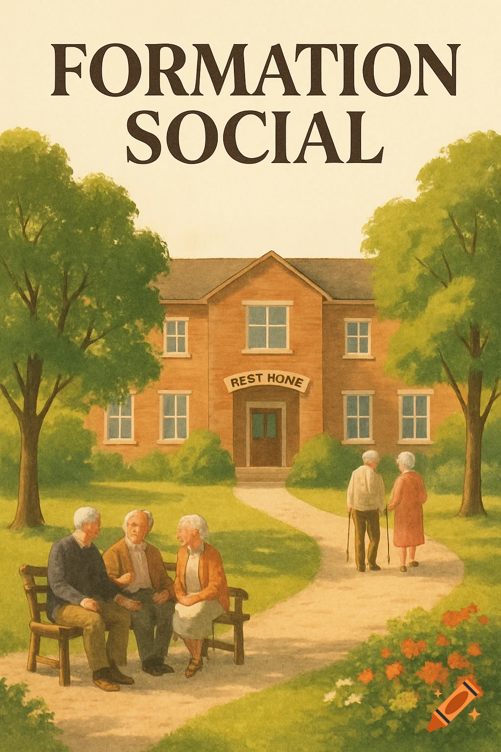 Vintage illustration of a retirement home with elderly people outside. Two men and one woman sit on a bench, while another elderly couple walks towards the building on a path. Large text at the top reads "FORMATION SOCIAL" and a sign on the building says "REST HONE".