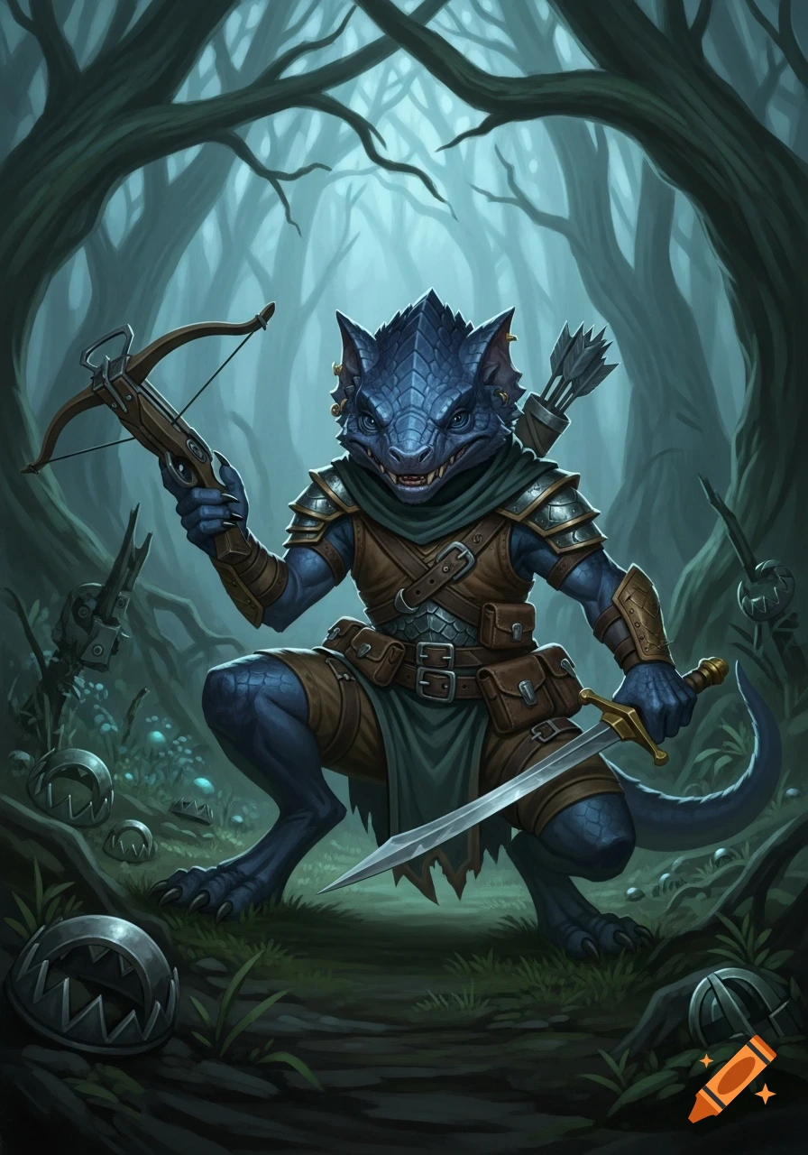 A blue, scaly kobold in armor crouches in a dark, misty forest, holding a crossbow and a sword.