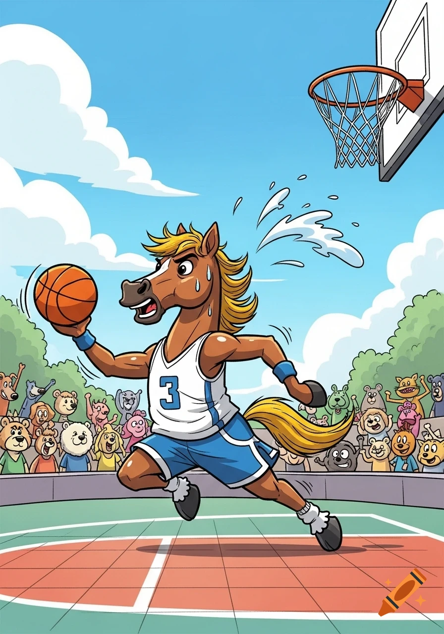 Cartoon horse in a jersey dribbles a basketball on a court, cheered by a crowd of animals under a blue sky.