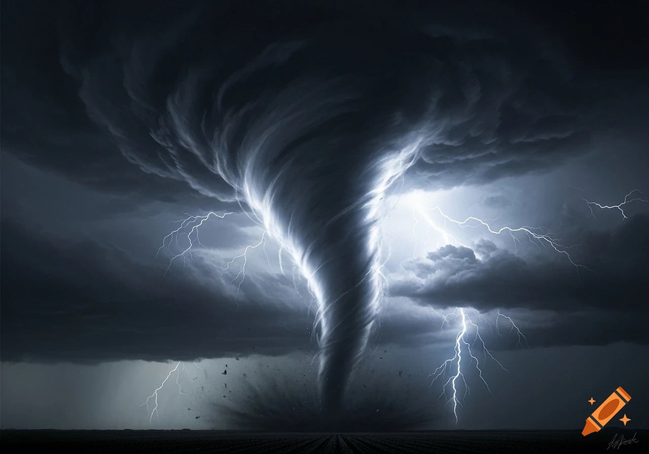 A powerful, photorealistic tornado touches down in a barren field during a lightning storm under dark, turbulent clouds.