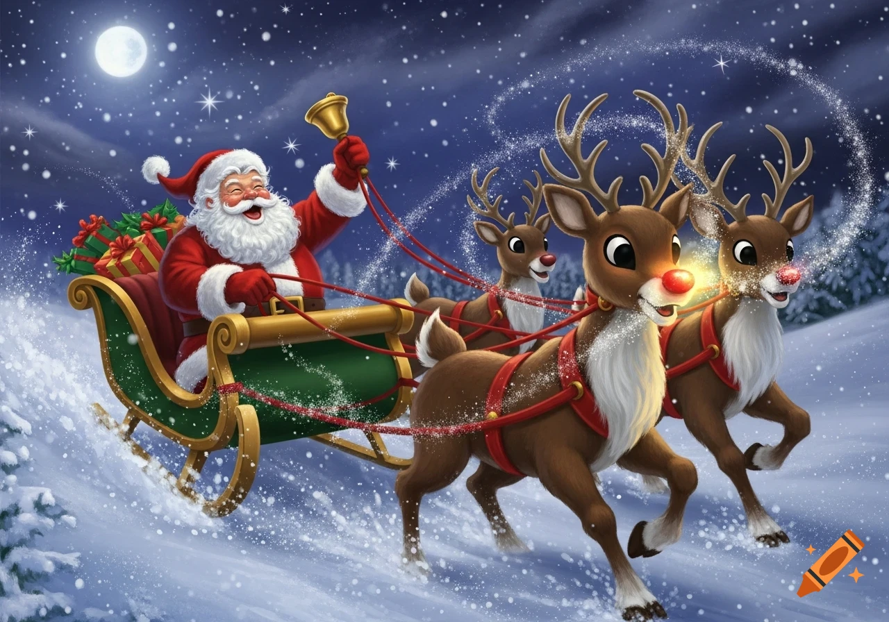 Jolly Santa Claus drives his sleigh pulled by three reindeer, including ...